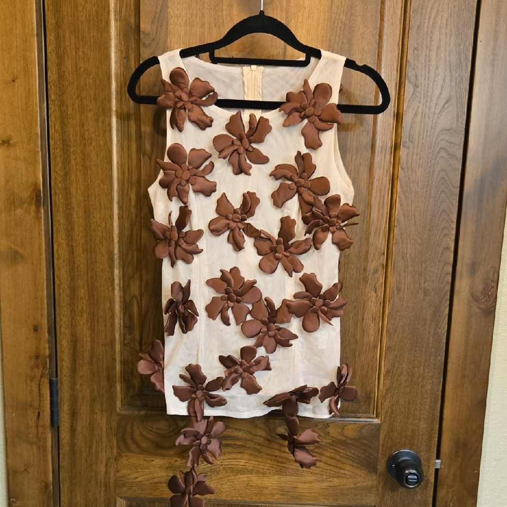 Floral Embellished Sleeveless Top - Cream and Brown - Picture 2 of 8